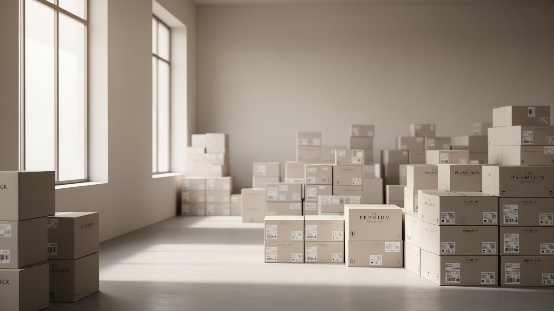 Modern UK distribution warehouse with neatly organised premium product cartons