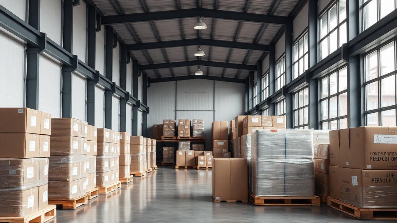 Neatly organised warehouse storage with palletised stock ready for delivery